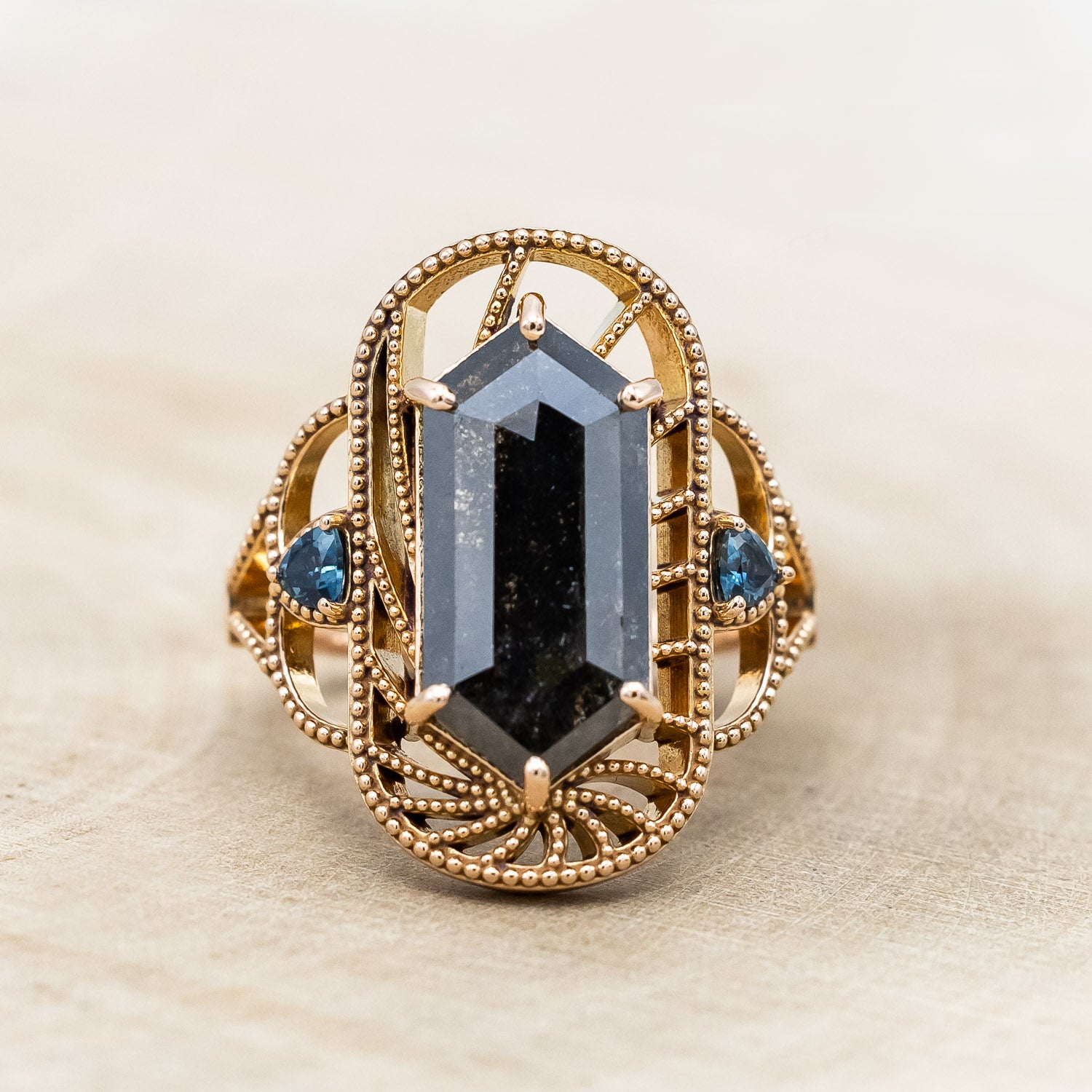 ONE-OF-A-KIND - ELONGATED HEXAGON ROSE CUT SALT & PEPPER DIAMOND ENGAGEMENT RING WITH AUSTRALIAN SAPPHIRE ACCENTS-Staghead Designs