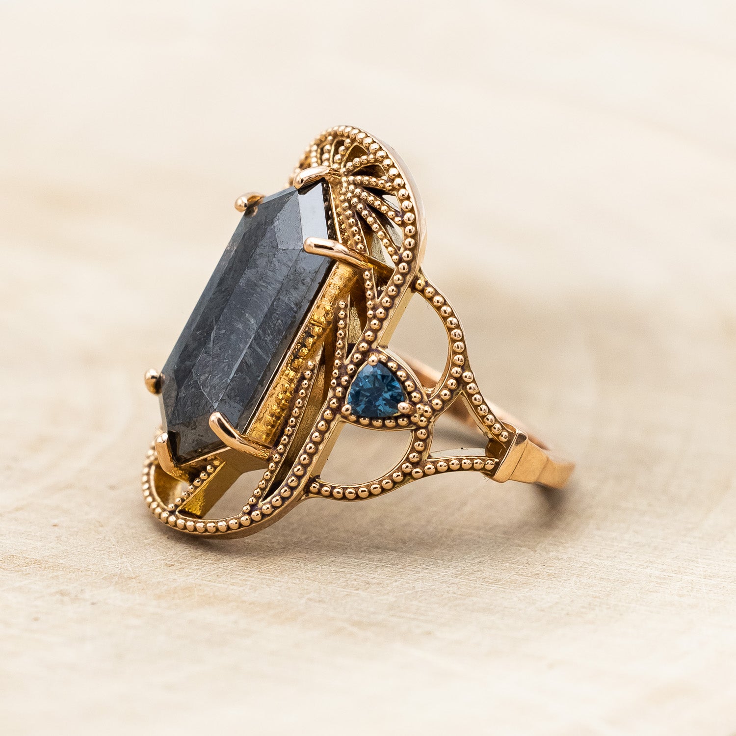 ONE-OF-A-KIND - ELONGATED HEXAGON ROSE CUT SALT & PEPPER DIAMOND ENGAGEMENT RING WITH AUSTRALIAN SAPPHIRE ACCENTS-Staghead Designs