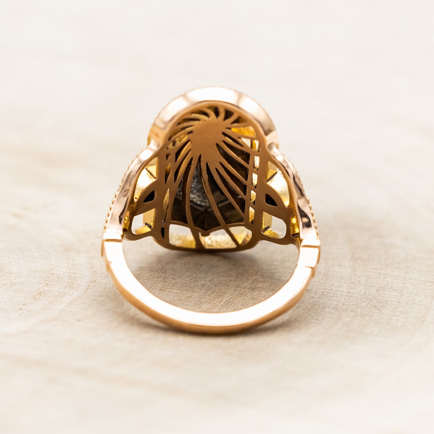 ONE-OF-A-KIND - ELONGATED HEXAGON ROSE CUT SALT & PEPPER DIAMOND ENGAGEMENT RING WITH AUSTRALIAN SAPPHIRE ACCENTS-Staghead Designs