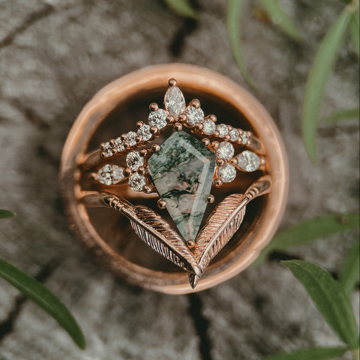 "SAGE" - BRIDAL SUITE - KITE CUT MOSS AGATE ENGAGEMENT RING WITH DIAMOND ACCENTS & TRACERS-Staghead Designs
