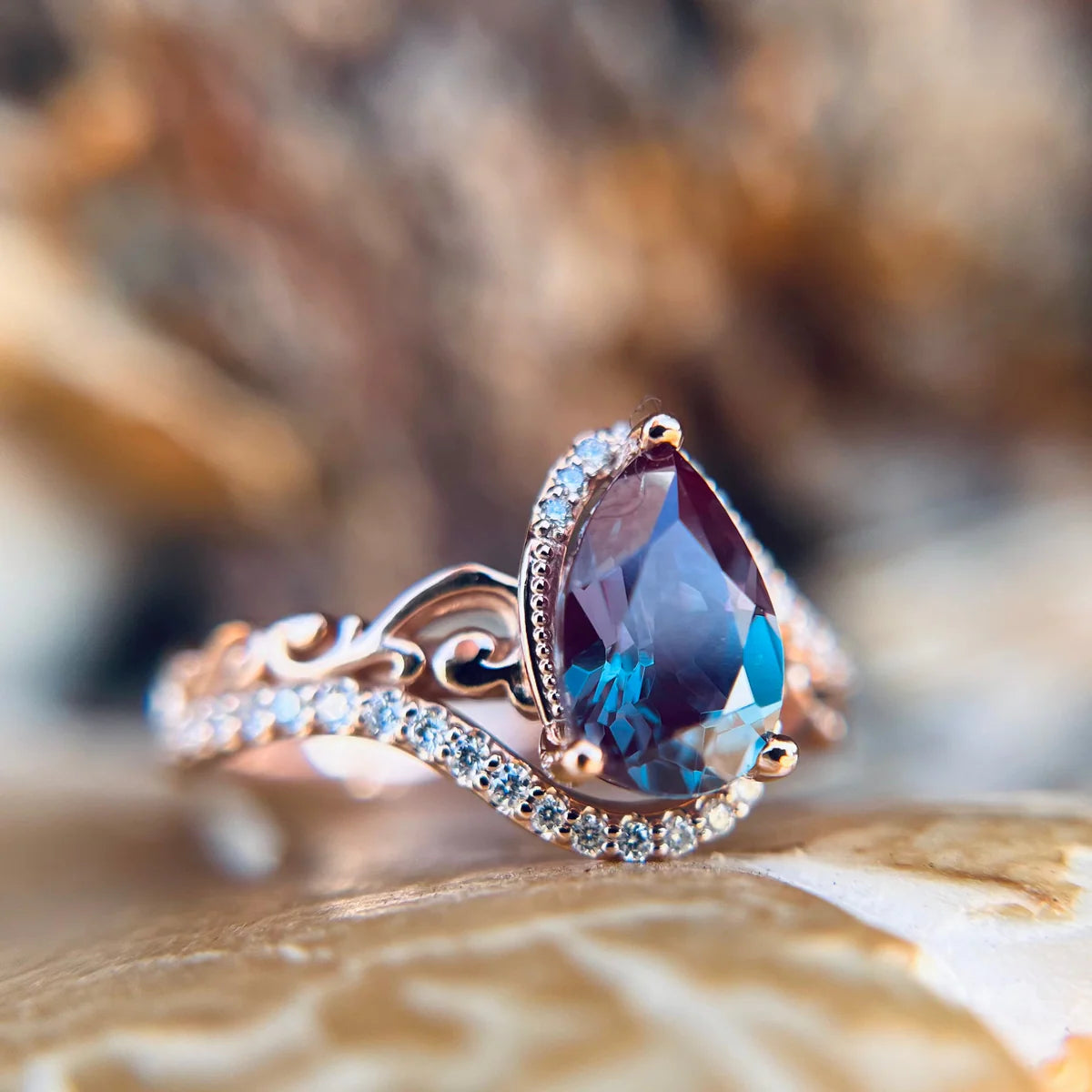 "Scarlet" - Pear Cut Lab-Grown Alexandrite Engagement Ring With Diamond Accents - 14K Rose Gold - Size 5 1/2