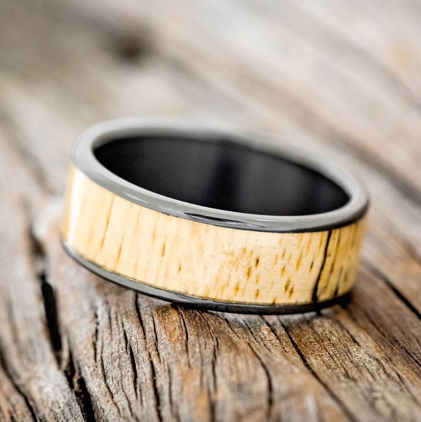 "RAINIER" - SPALTED MAPLE WOOD WEDDING BAND - BLACK ZIRCONIUM - SIZE 11 1/2-2