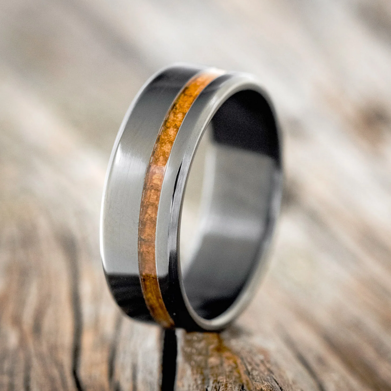 "VERTIGO" - BLACK ZIRCONIUM WEDDING BAND WITH WHISKEY BARREL INLAY - SIZE 11 1/2-1