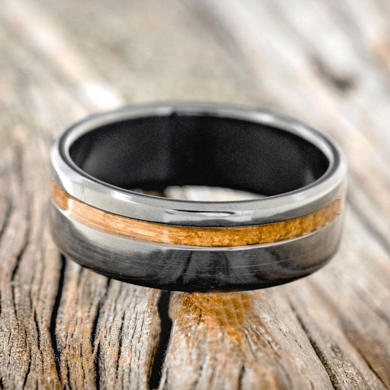 "VERTIGO" - BLACK ZIRCONIUM WEDDING BAND WITH WHISKEY BARREL INLAY - SIZE 11 1/2-3