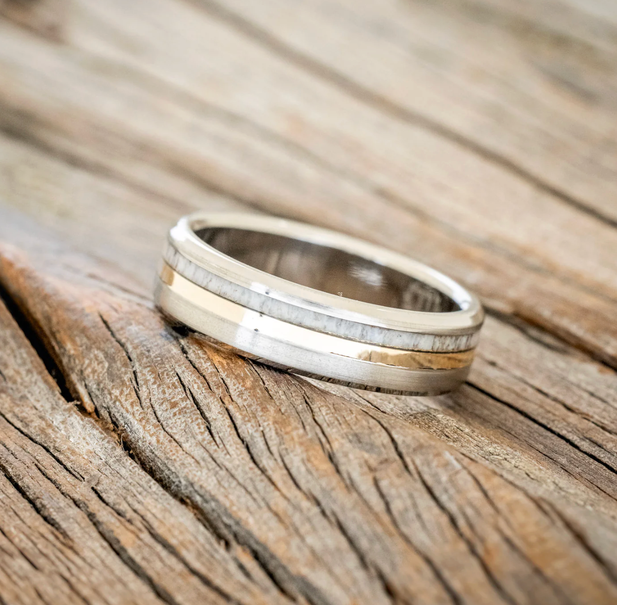 "TANNER" - ELK ANTLER & 14K YELLOW GOLD INLAY WEDDING BAND WITH A BRUSHED FINISH (6MM)- TITANIUM - SIZE 8-Staghead Designs