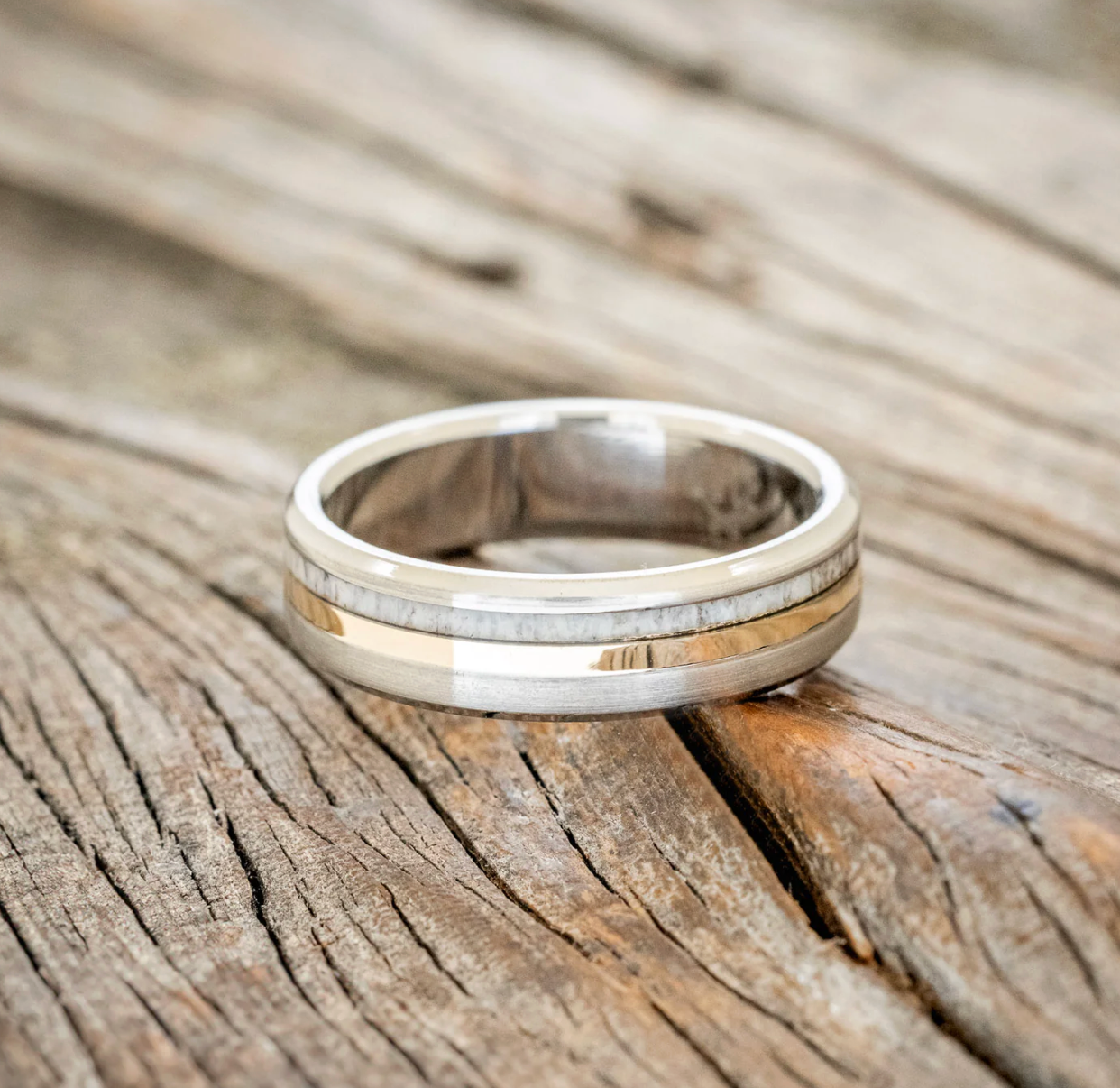 "TANNER" - ELK ANTLER & 14K YELLOW GOLD INLAY WEDDING BAND WITH A BRUSHED FINISH (6MM)- TITANIUM - SIZE 8-Staghead Designs