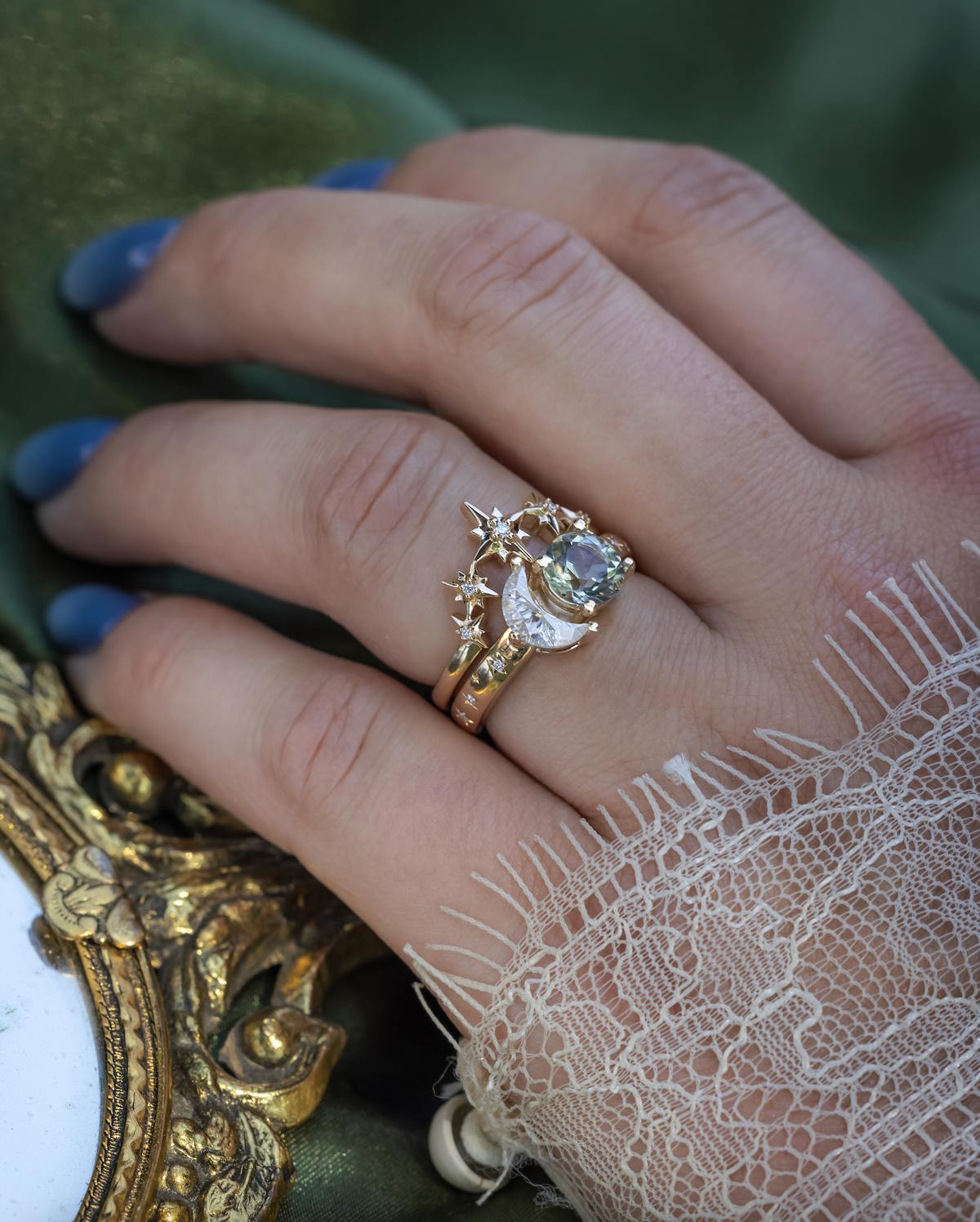 "Sidra" - Toi Et Moi Green Prasiolite Engagement Ring With Crescent Moon Moissanite-Staghead Designs