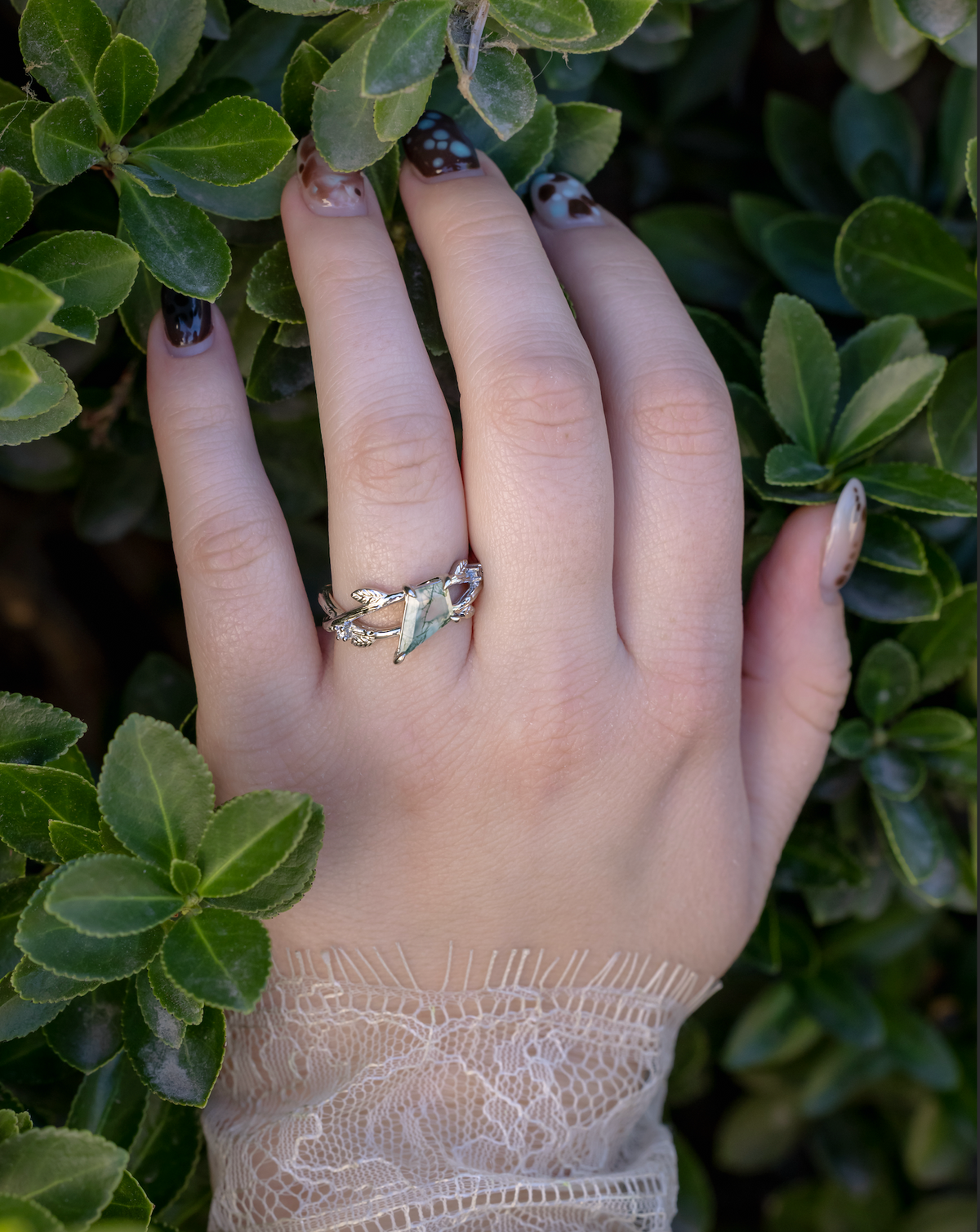 "Artemis On The Vine" Diagonal - Kite Cut Moss Agate Engagement Ring With Diamond Accents & A Branch-Style Band-Staghead Designs