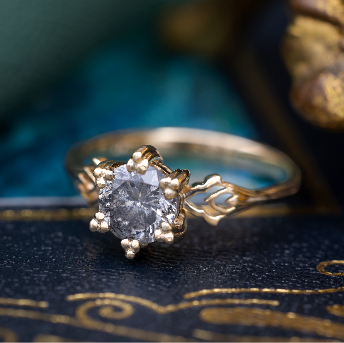"Morrigan" - Solitaire Round Cut Salt & Pepper Diamond Engagement Ring - Ready To Ship