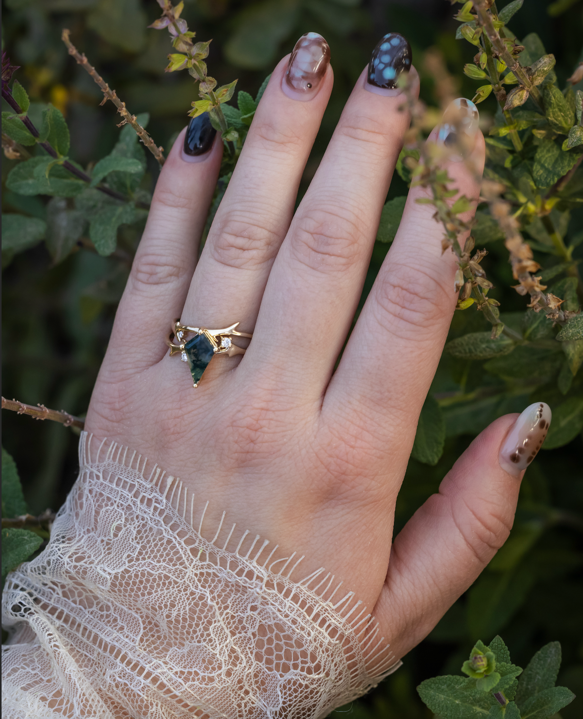 "Artemis" - Kite Cut Moss Agate Engagement Ring With Antler-Style Stacking Band And Diamond Accents-Staghead Designs