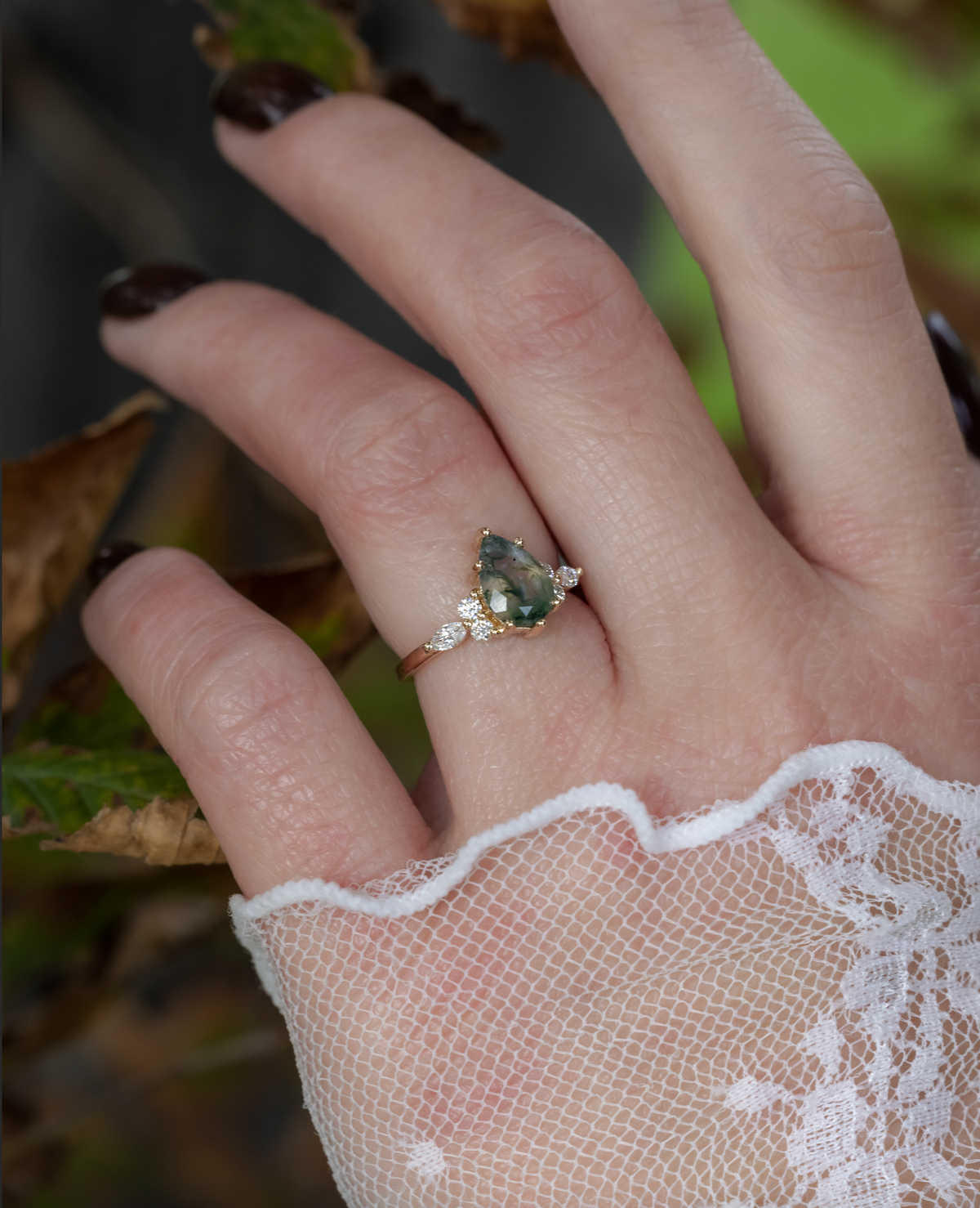 "Sage" - Pear Cut Moss Agate Engagement Ring With Diamond Accents-Staghead Designs
