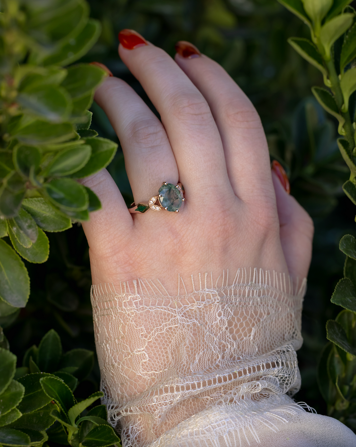 "Lucia" - Oval Cut Moss Agate Engagement Ring With Diamond Accents & Natural Moss Inlays-Staghead Designs