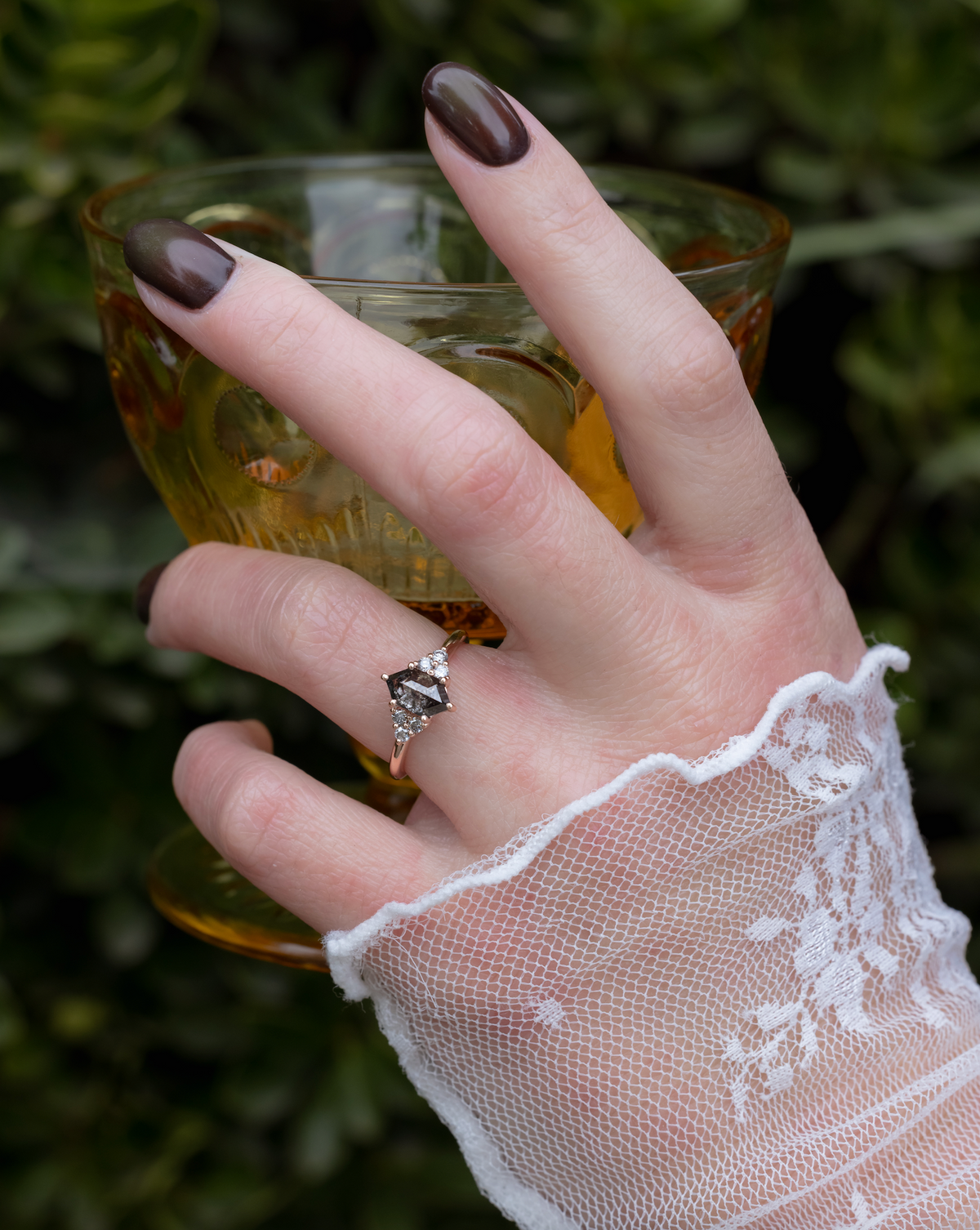 "Octavia" - Elongated Hexagon Rosecut Salt & Pepper Diamond Engagement Ring & Tracer-Staghead Designs