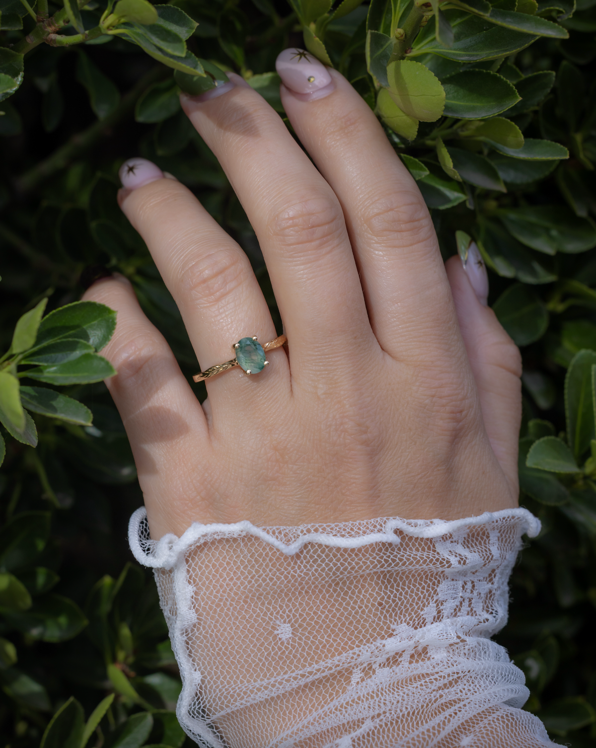 "Hope" - Oval Cut Moss Agate Solitaire Engagement Ring With Feather Accents-Staghead Designs