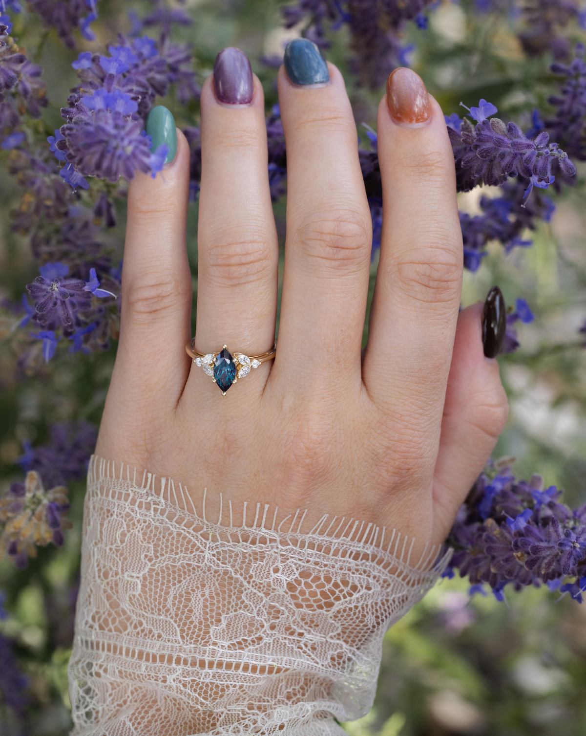 "Blossom" - Marquise Cut Lab-Grown Alexandrite Engagement Ring With Diamond Accents-Staghead Designs