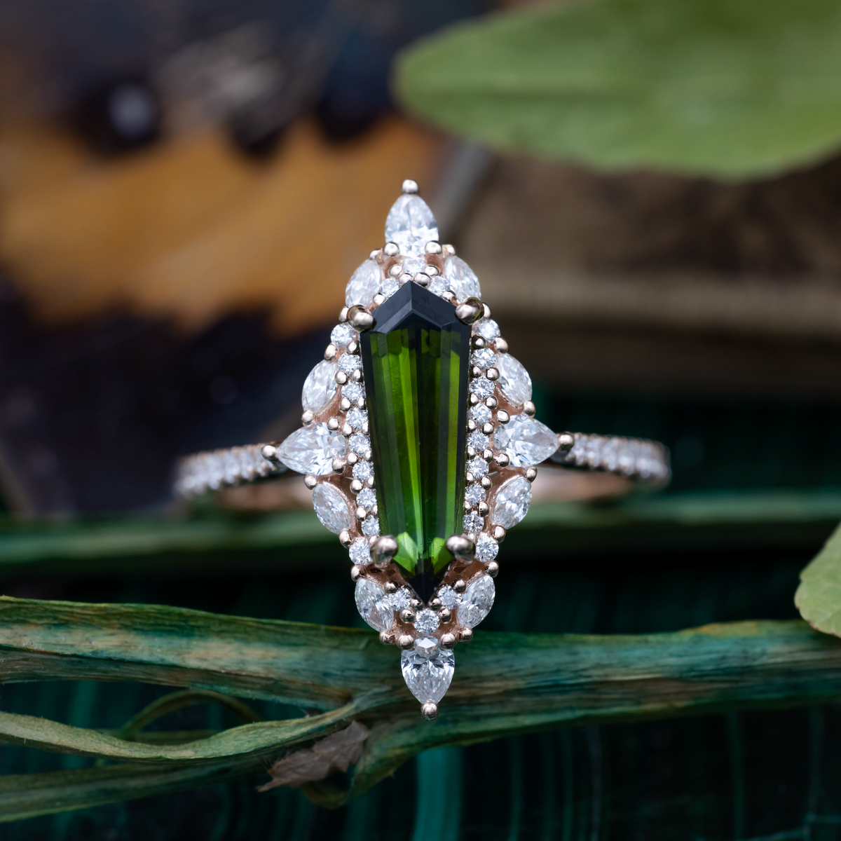 "North Star" - Dagger Cut Green Tourmaline Engagement Ring With Diamond Halo-Staghead Designs