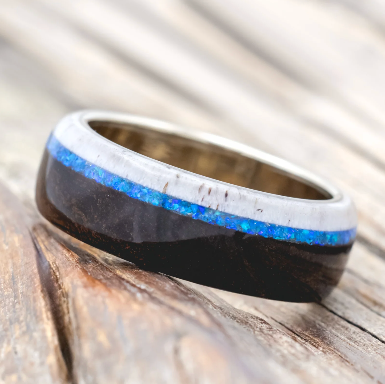 "ARGOS" - IRONWOOD, ANTLER & BLUE OPAL WEDDING BAND - 14K WHITE GOLD - SIZE 9-Staghead Designs