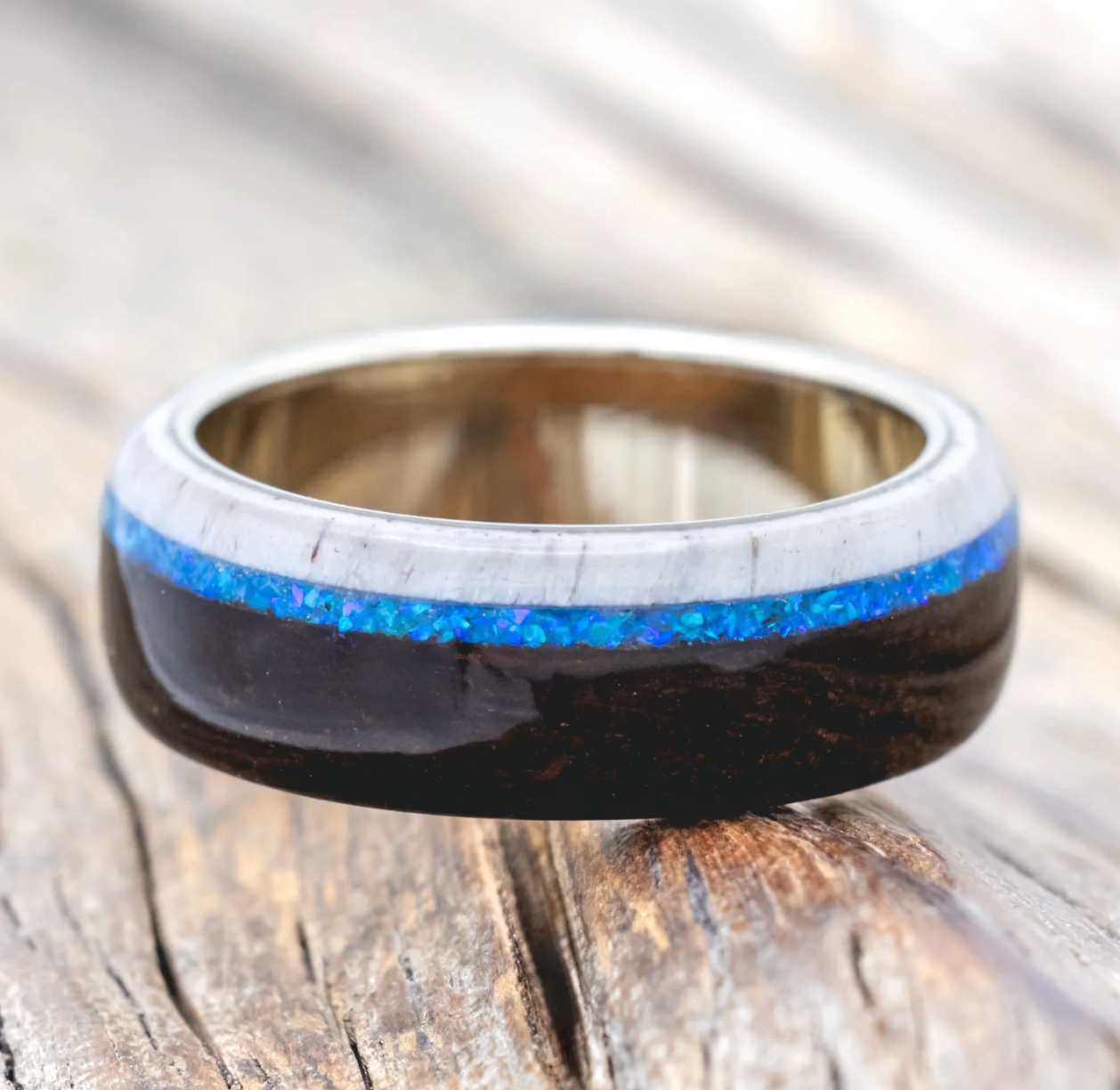 "ARGOS" - IRONWOOD, ANTLER & BLUE OPAL WEDDING BAND - 14K WHITE GOLD - SIZE 9-Staghead Designs