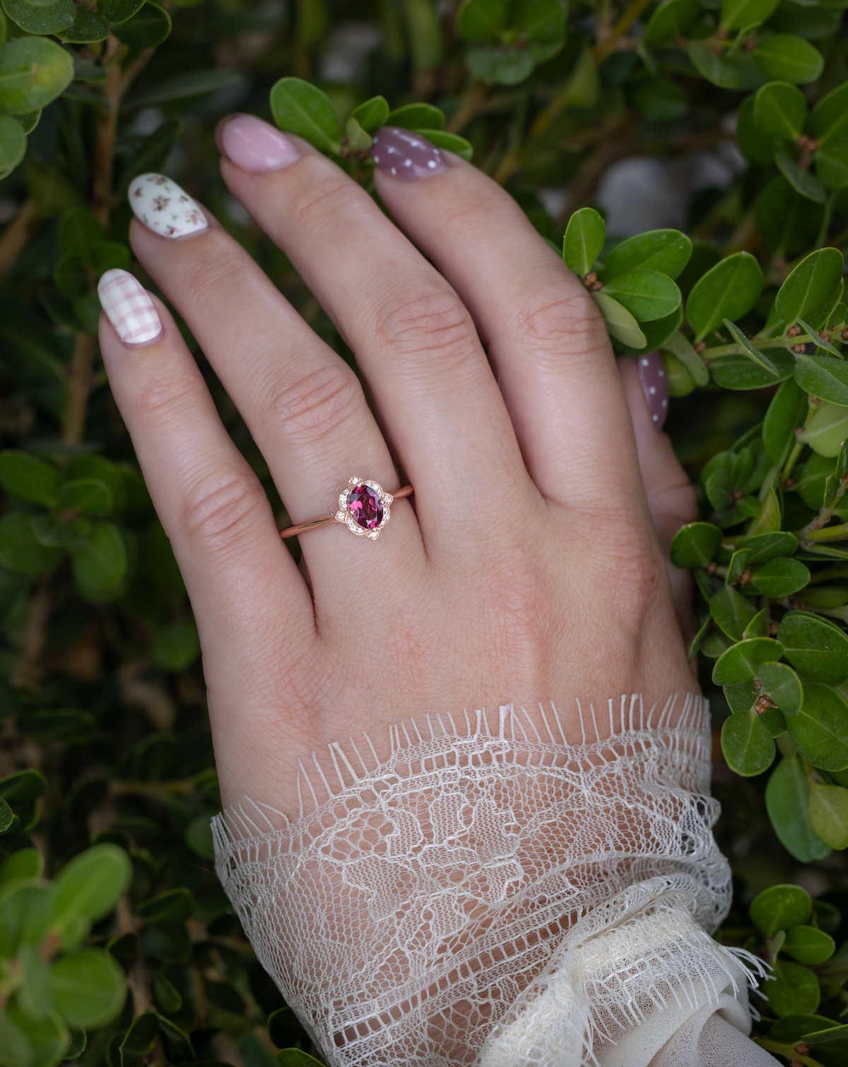 "Jane" - Rhodolite Garnet Engagement Ring With Diamond Accents-Staghead Designs
