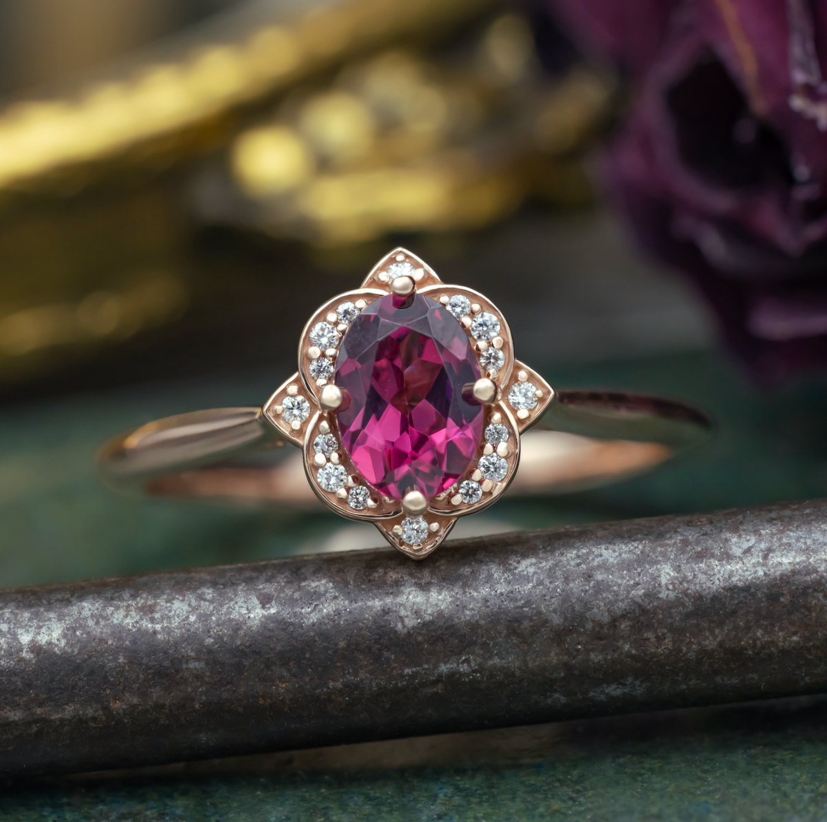 "Jane" - Rhodolite Garnet Engagement Ring With Diamond Accents-Staghead Designs
