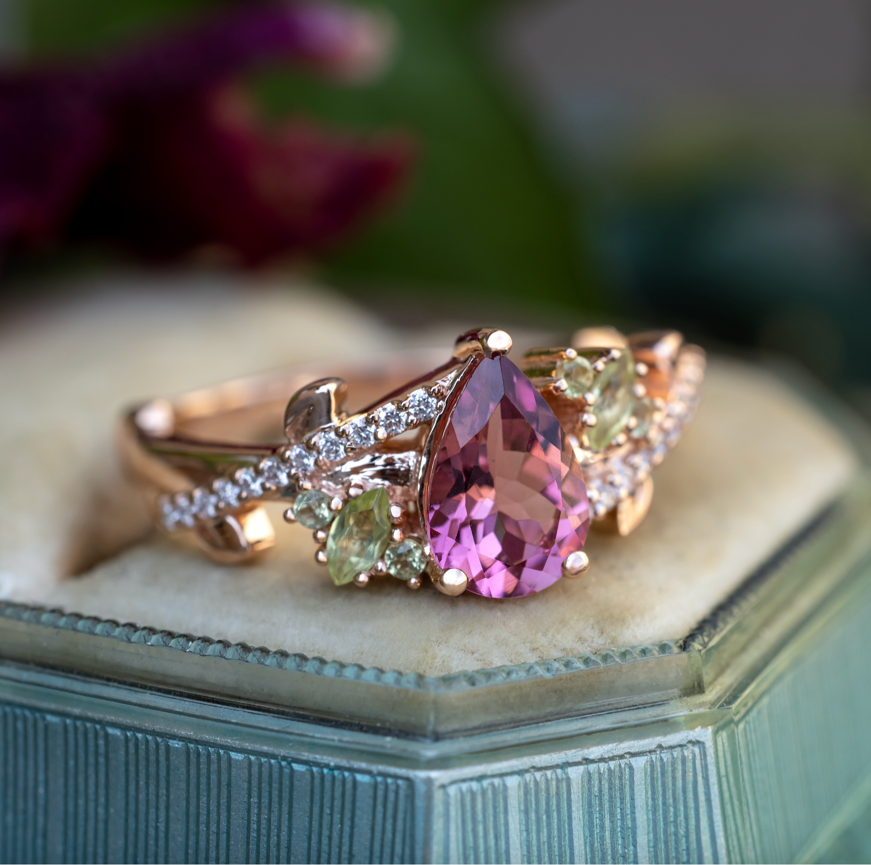 "Kamila" - Pear Cut Pink Tourmaline Engagement Ring With Peridot & Diamond Accents-Staghead Designs