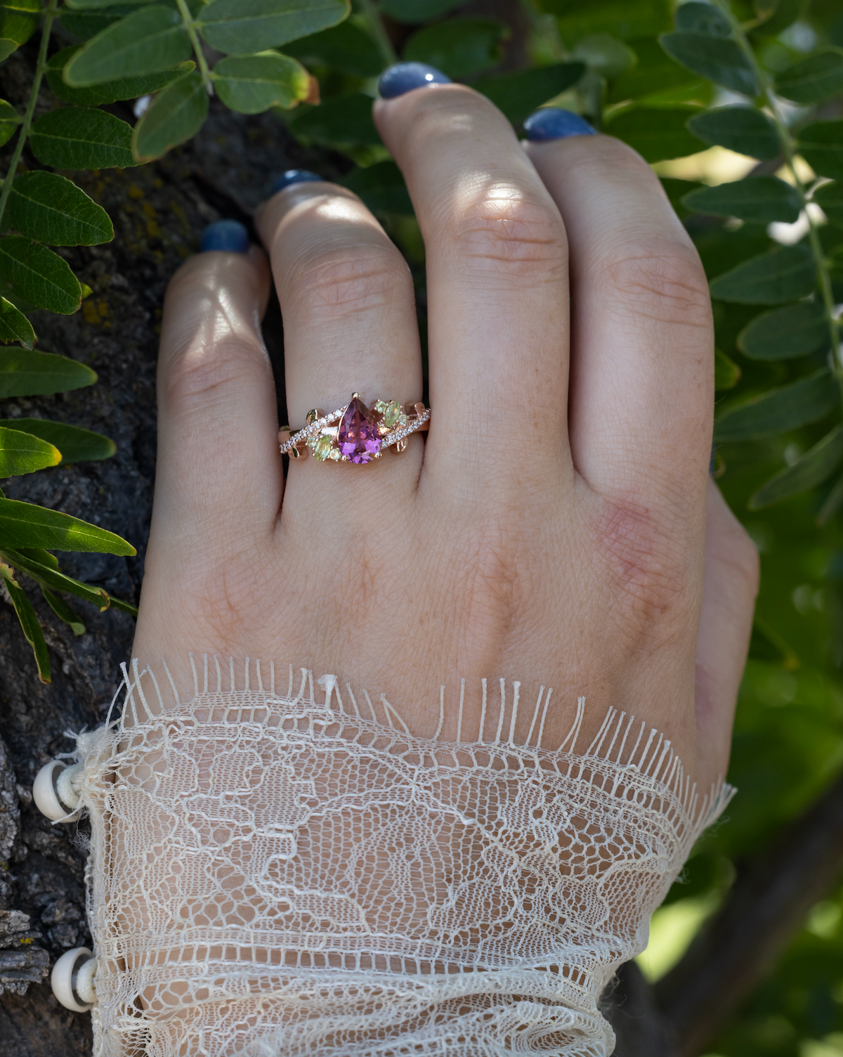 "Kamila" - Pear Cut Pink Tourmaline Engagement Ring With Peridot & Diamond Accents-Staghead Designs