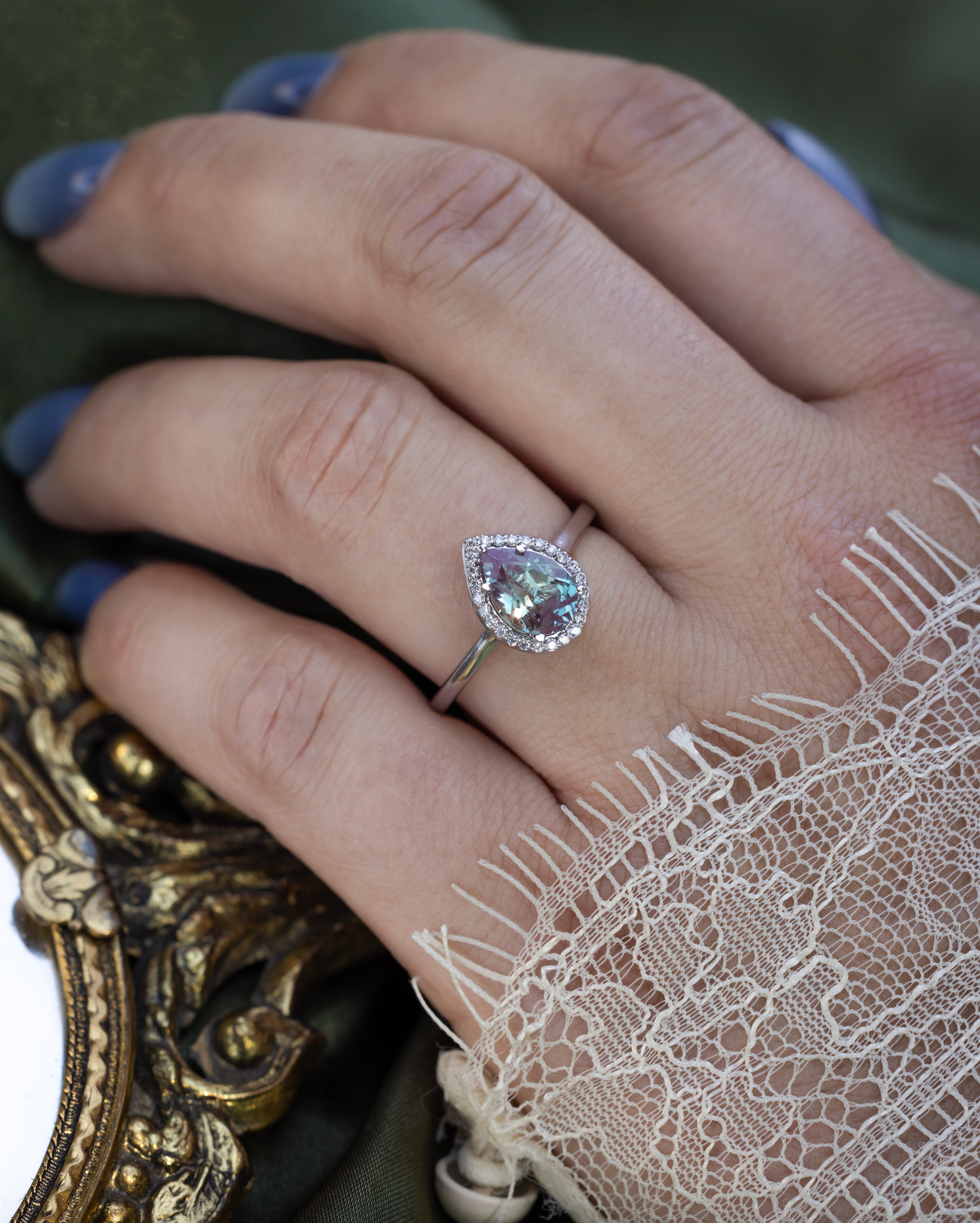 "Clariss" - Pear Cut Lab-Grown Alexandrite Engagement Ring With Diamond Halo - Ready To Ship