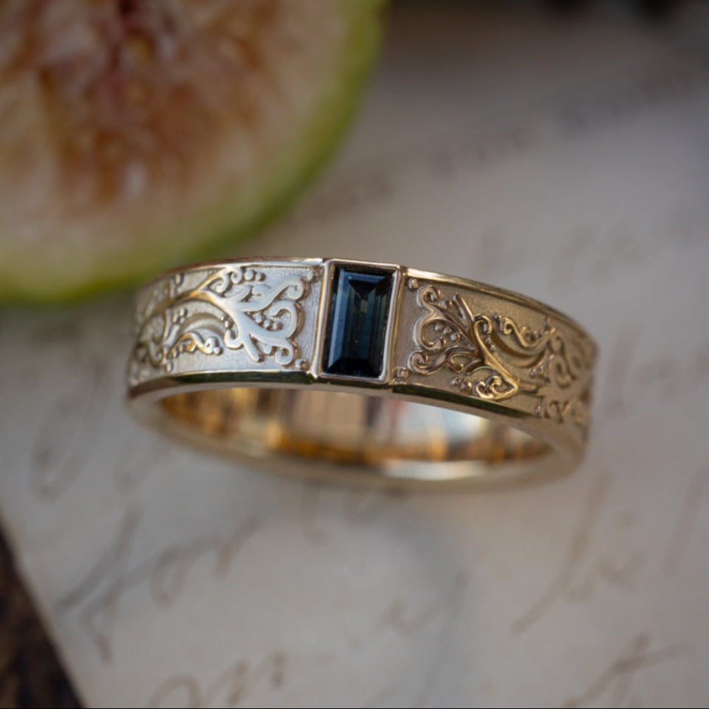 "Selene" Masculine Band - Baguette Cut Australian Sapphire Engagement Ring With Vine-Style Filigree-Staghead Designs