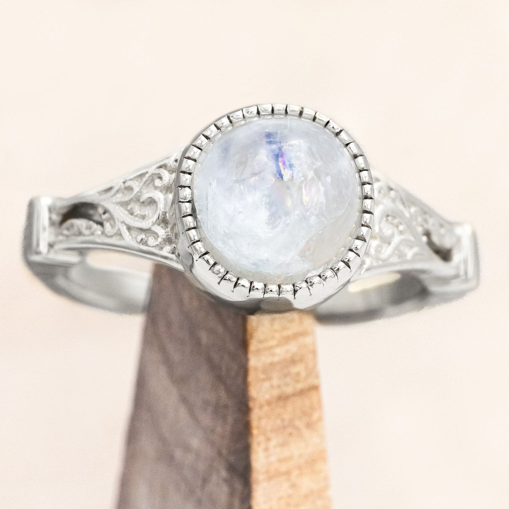 "SELENE" - ROUND CUT ENGAGEMENT RING WITH FILIGREE AND CRESCENT MOON ACCENTS-Staghead Designs