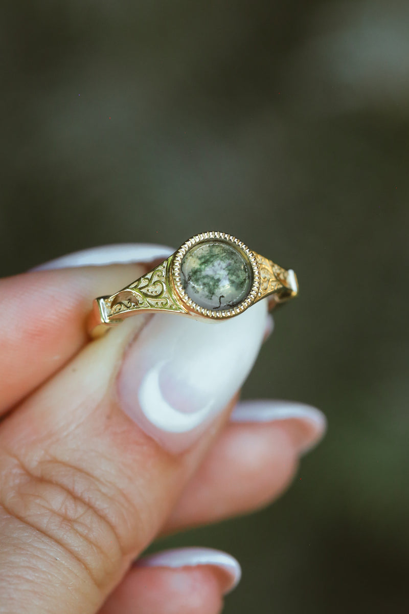 "SELENE" - ROUND CUT CENTER STONE ENGAGEMENT RING WITH FILIGREE AND CRESCENT MOON ACCENTS-Staghead Designs