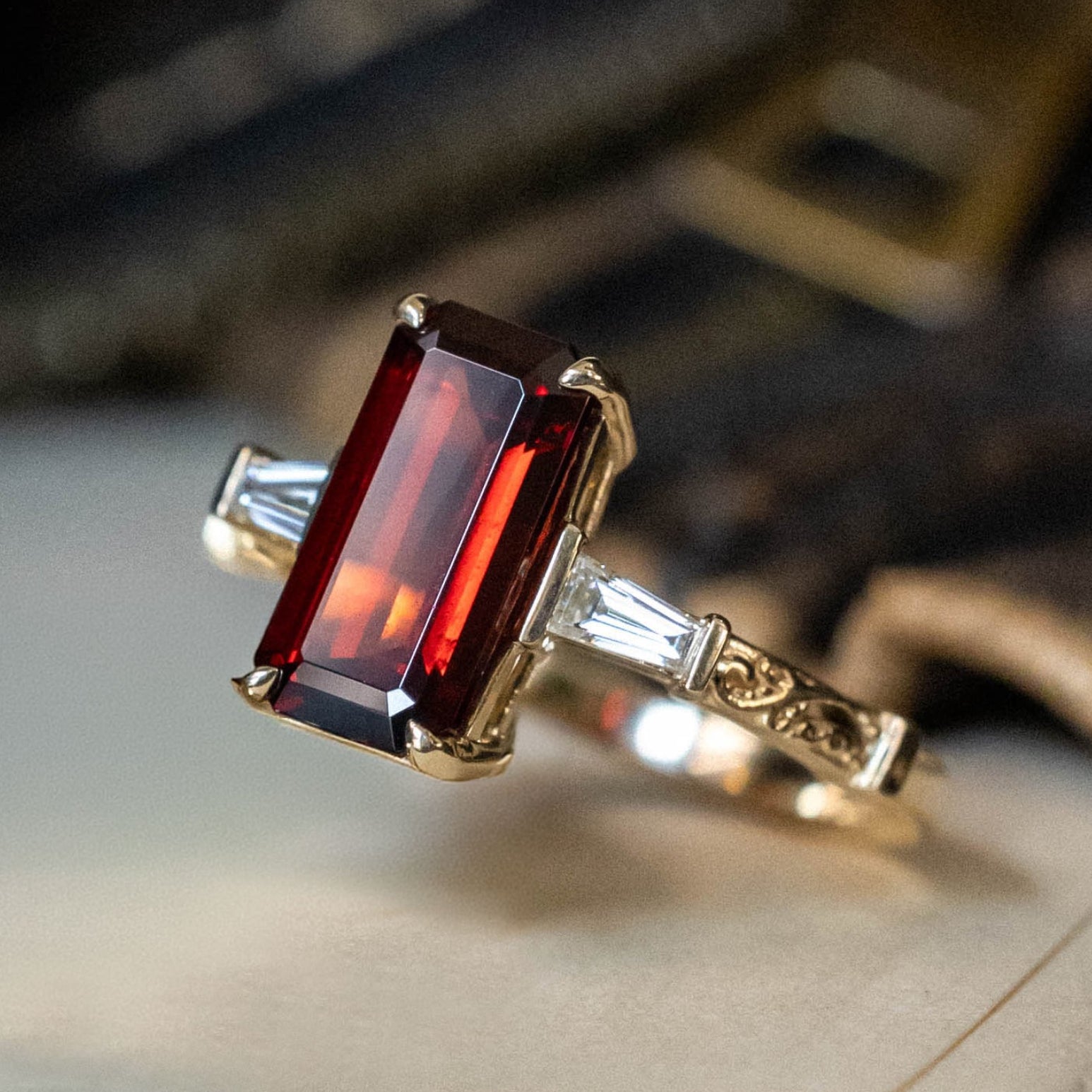 "SELENA" - EMERALD CUT MOZAMBIQUE GARNET ENGAGEMENT RING WITH DIAMOND ACCENTS-Staghead Designs