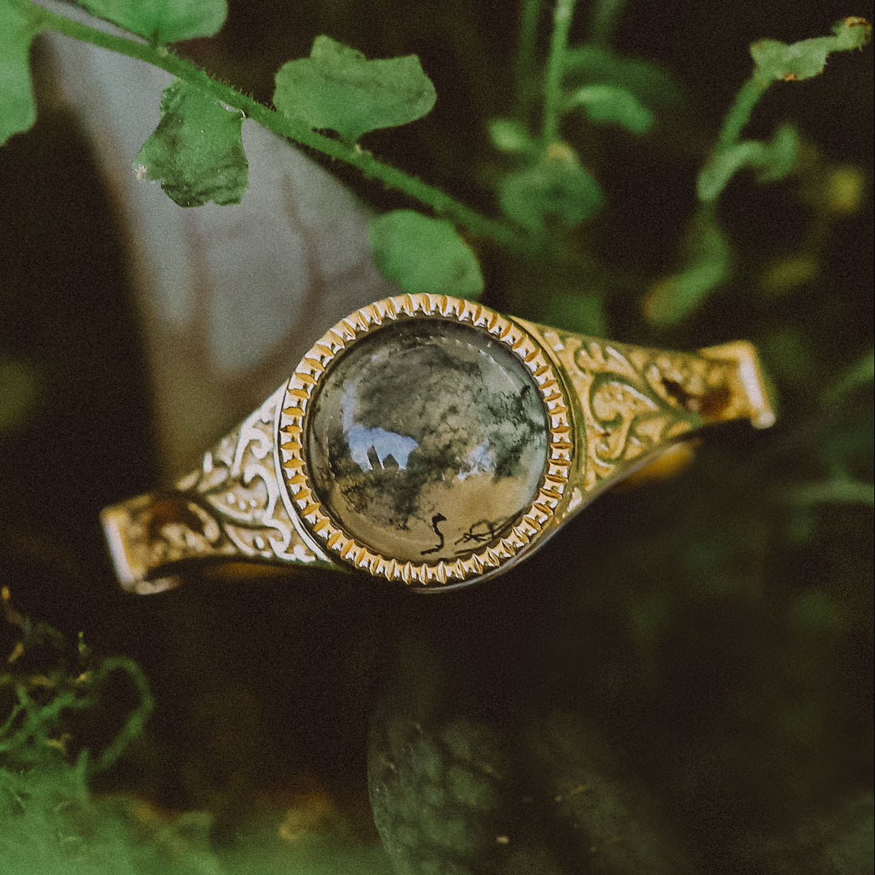 "SELENE" - ROUND CUT ENGAGEMENT RING WITH FILIGREE AND CRESCENT MOON ACCENTS-Staghead Designs