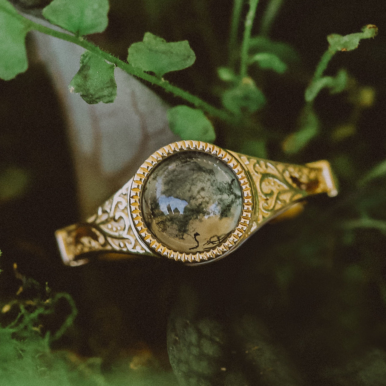 "SELENE" - ROUND CUT ENGAGEMENT RING WITH FILIGREE AND CRESCENT MOON ACCENTS-Staghead Designs