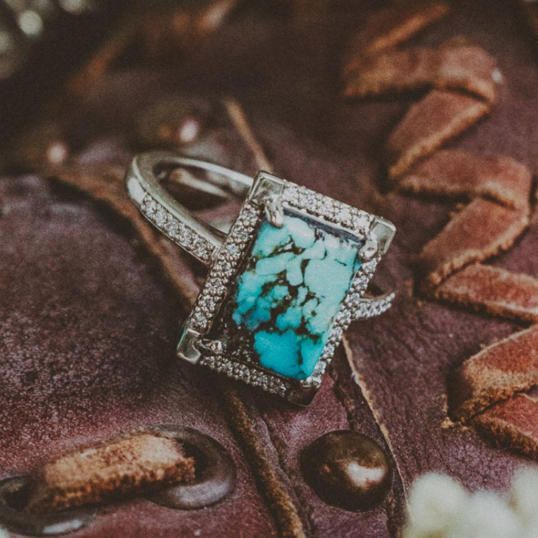 "Sienna" - Emerald Cabochon Cut Turquoise Engagement Ring With Diamond Halo & Accents