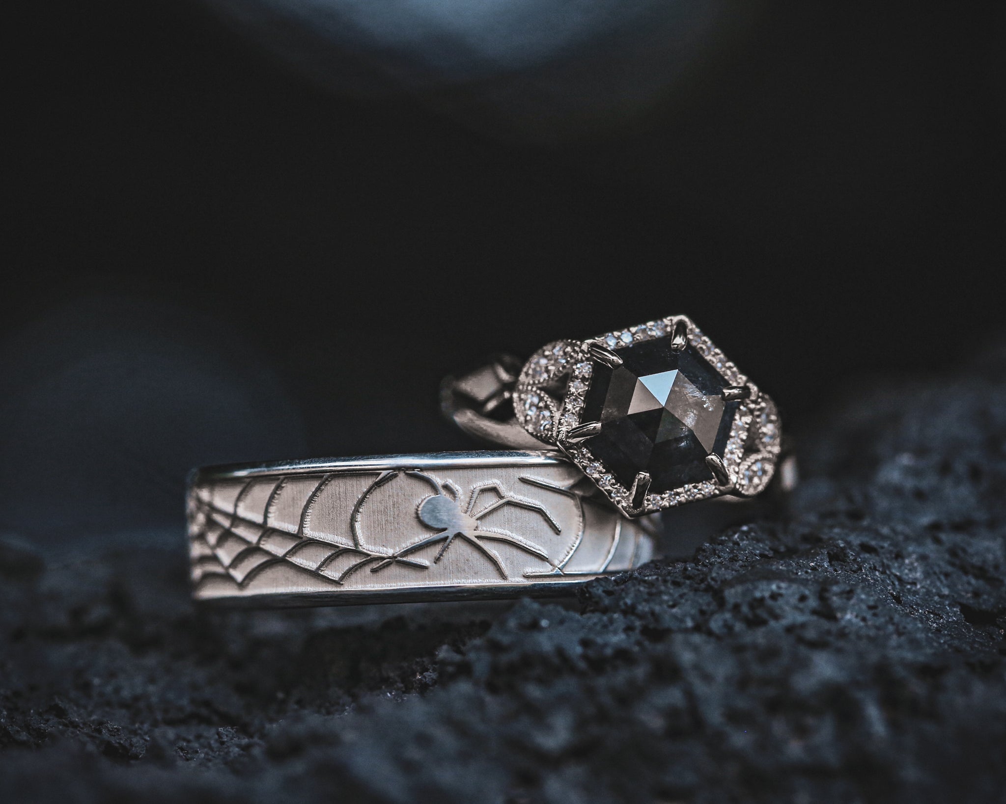 "LEGACY" - CHANNEL EMBOSSED SPIDER & WEB WEDDING BAND-12