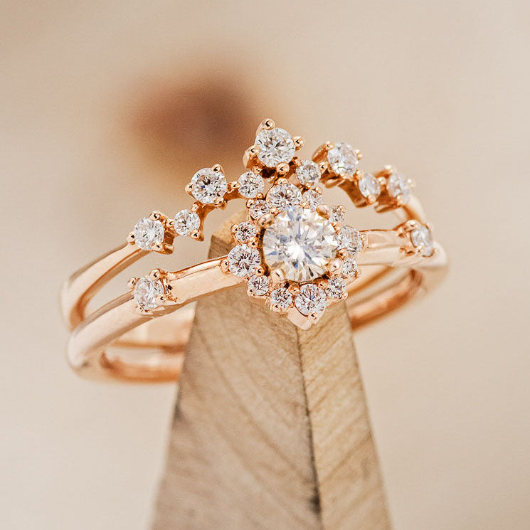 "STARLA" - ROUND CUT DIAMOND ENGAGEMENT RING WITH STARBURST DIAMOND HALO-Staghead Designs