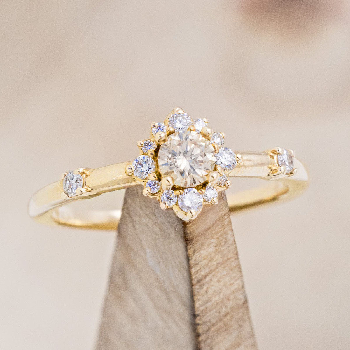 "STARLA" - ROUND CUT DIAMOND ENGAGEMENT RING WITH STARBURST DIAMOND HALO-Staghead Designs