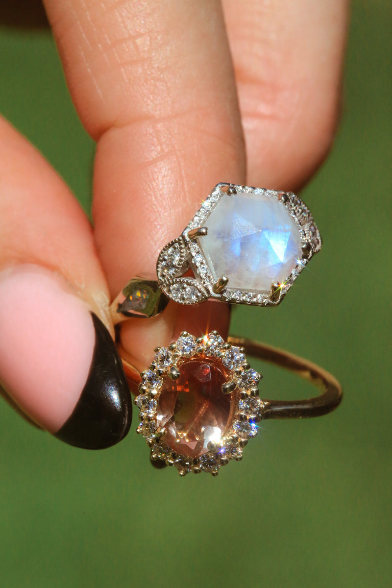 "LUCY IN THE SKY" - FACETED MOONSTONE & DIAMOND HALO ENGAGEMENT RING WITH FIRE & ICE OPAL INLAYS - READY TO SHIP