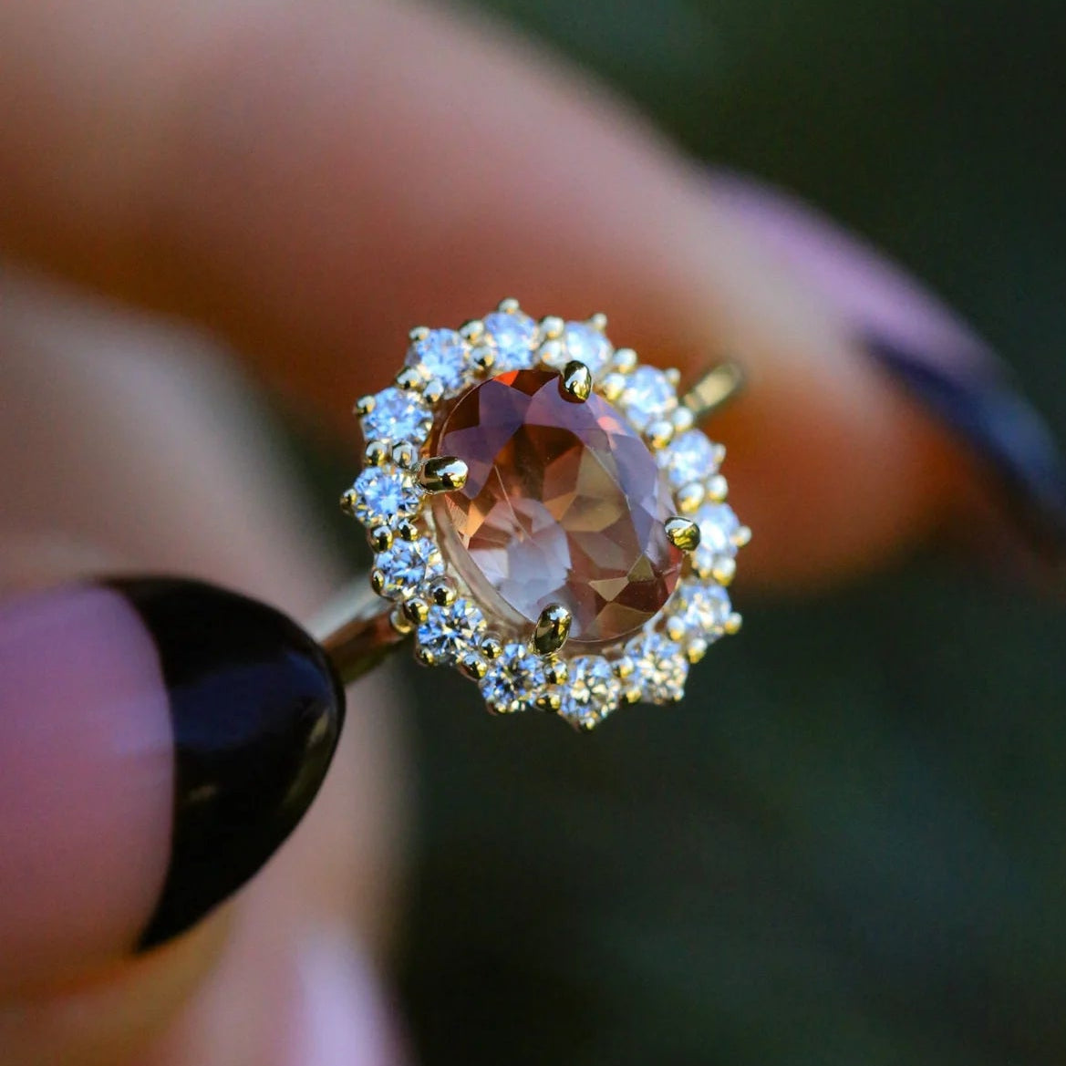"Malina" - Oval Cut Oregon Sunstone Engagement Ring With Diamond Halo - 14K Yellow Gold - Size 6-Staghead Designs