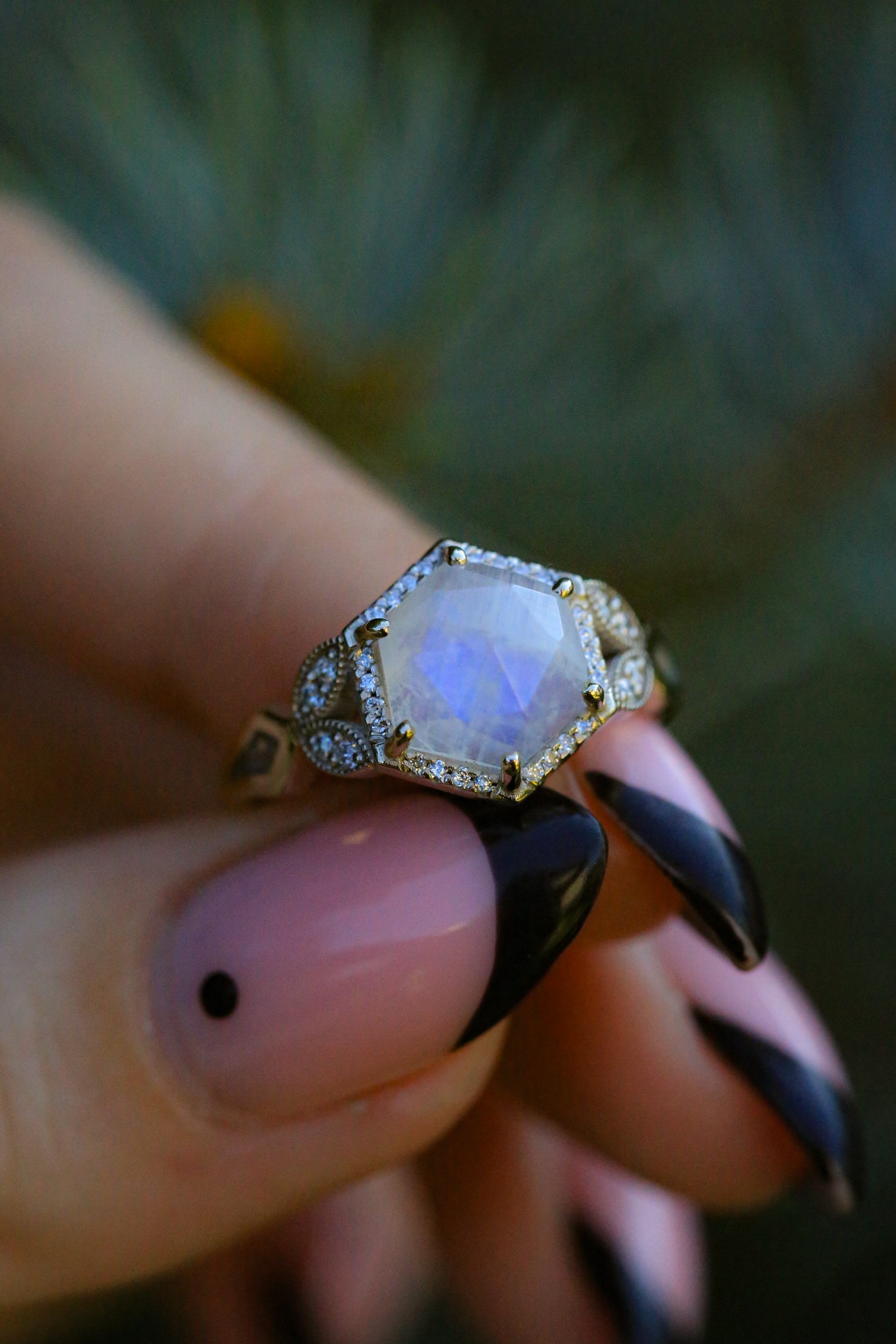 "LUCY IN THE SKY" - FACETED HEXAGON MOONSTONE ENGAGEMENT RING WITH DIAMOND HALO & FIRE AND ICE OPAL INLAYS-21