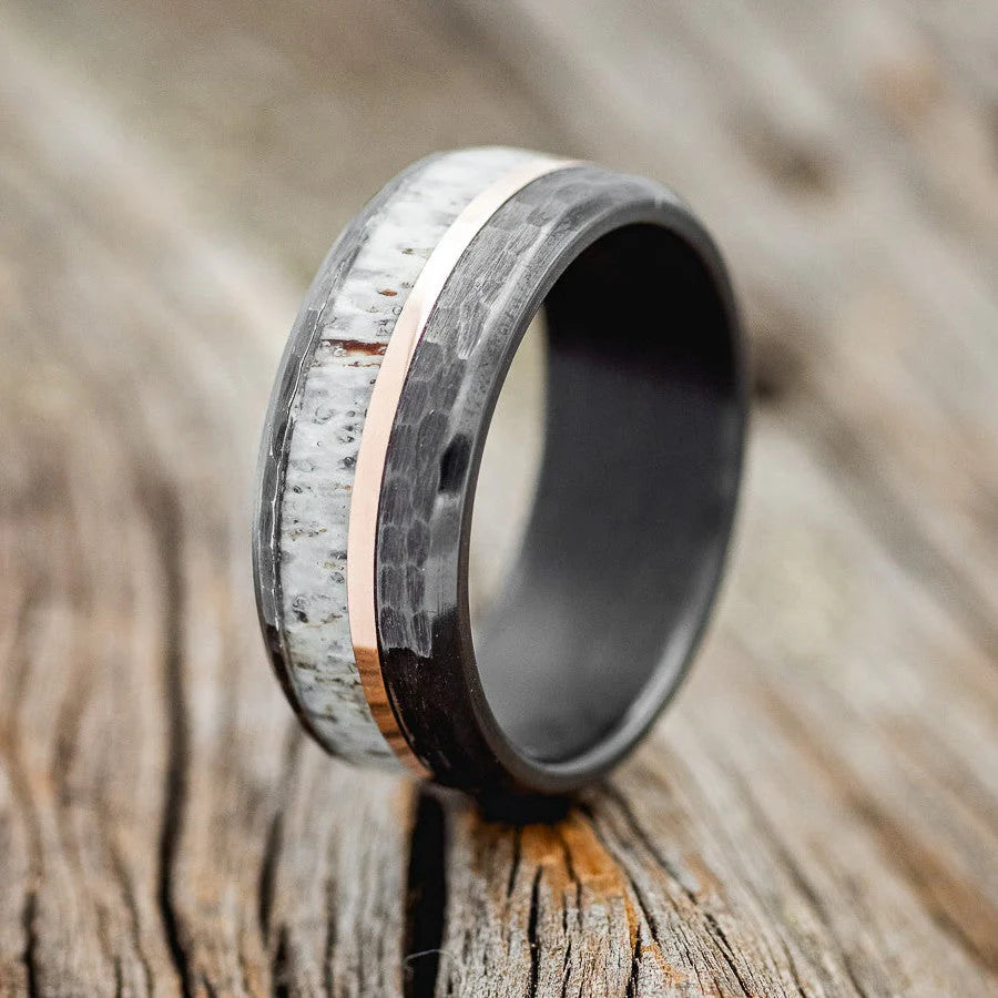 "TANNER" - ANTLER & 14K GOLD INLAY WEDDING RING IN A HAMMERED FINISH- BLACK ZIRCONIUM - SIZE 12-Staghead Designs
