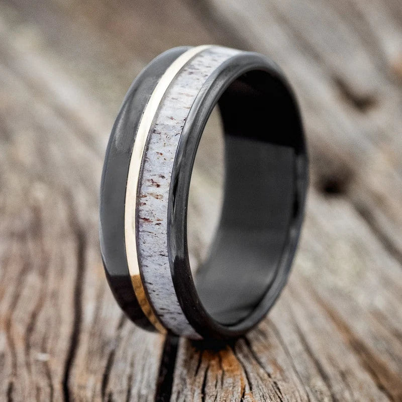 "Tanner" - Antler & 14K Yellow Gold Inlay Wedding Ring With A Polished Finish - Black Zirconium (8mm) - Size 9