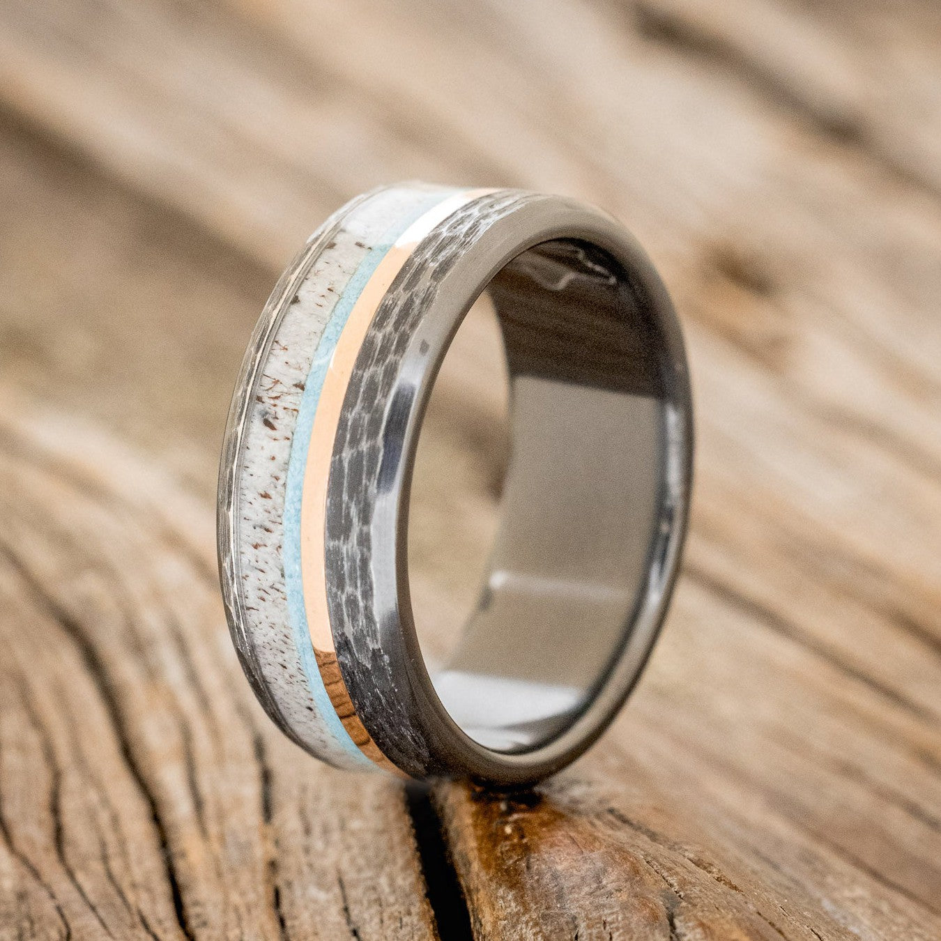 "TANNER" - ANTLER , TURQUOISE & 14K GOLD INLAY WEDDING RING-1