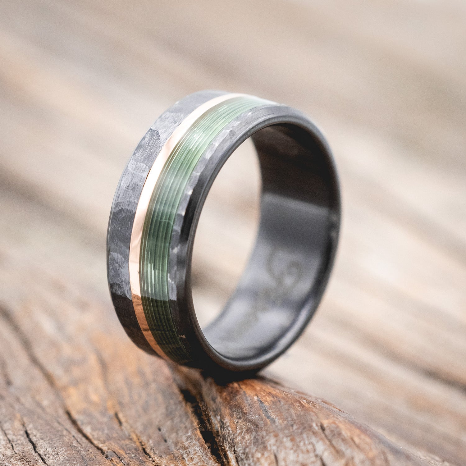 "TANNER" - FISHING LINE & 14K GOLD INLAY WEDDING RING WITH A HAMMERED FINISH-Staghead Designs