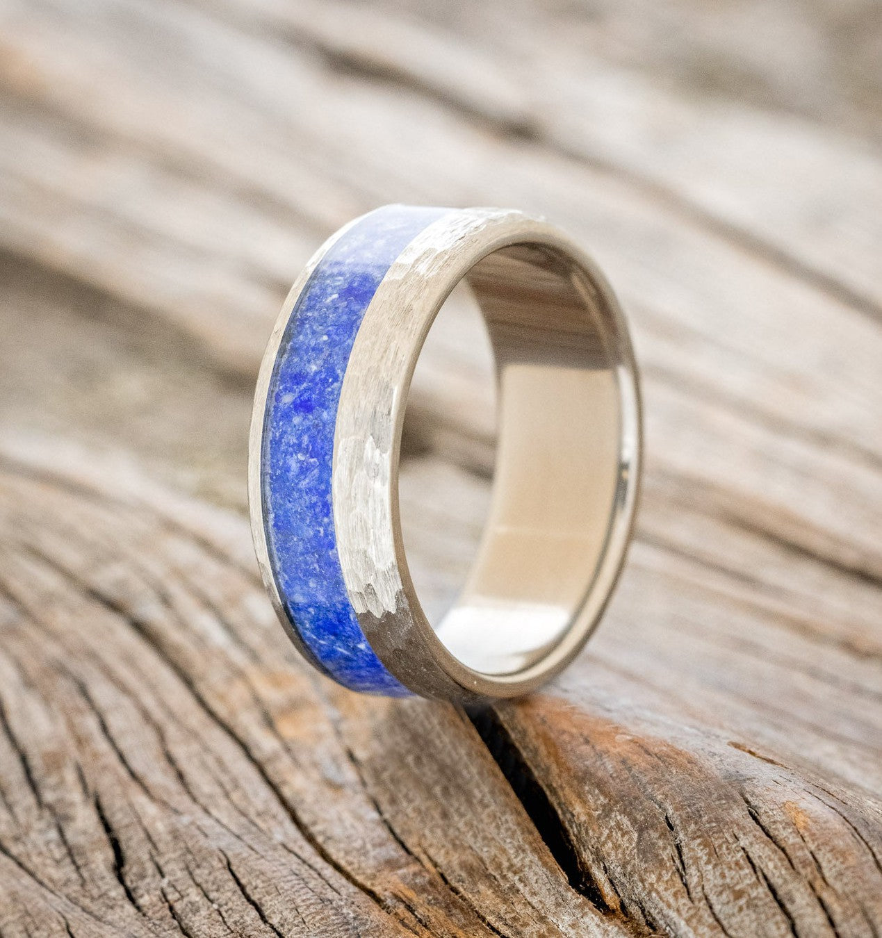 "TANNER" - LAPIS LAZULI WEDDING BAND WITH HAMMERED FINISH-1