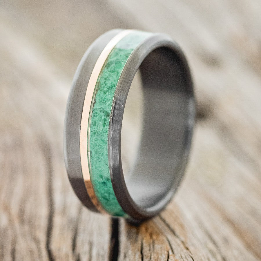 "TANNER" - MALACHITE & 14K GOLD INLAY WEDDING RING FEATURING A BRUSHED BLACK ZIRCONIUM BAND-1