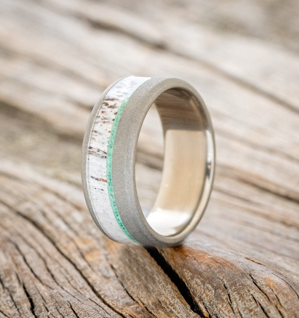 "TANNER" - MALACHITE & ANTLER WEDDING BAND WITH A SANDBLASTED FINISH-1