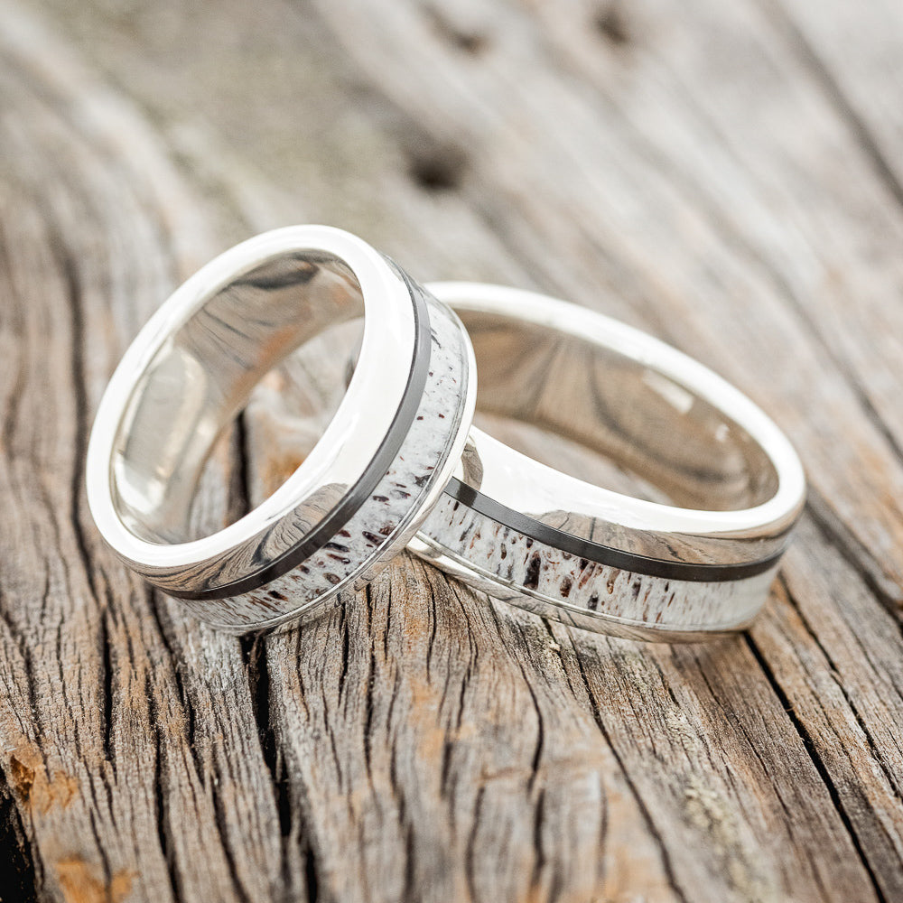 "TANNER" - MATCHING SET OF ANTLER & BLACK ZIRCONIUM INLAY WEDDING RINGS-1