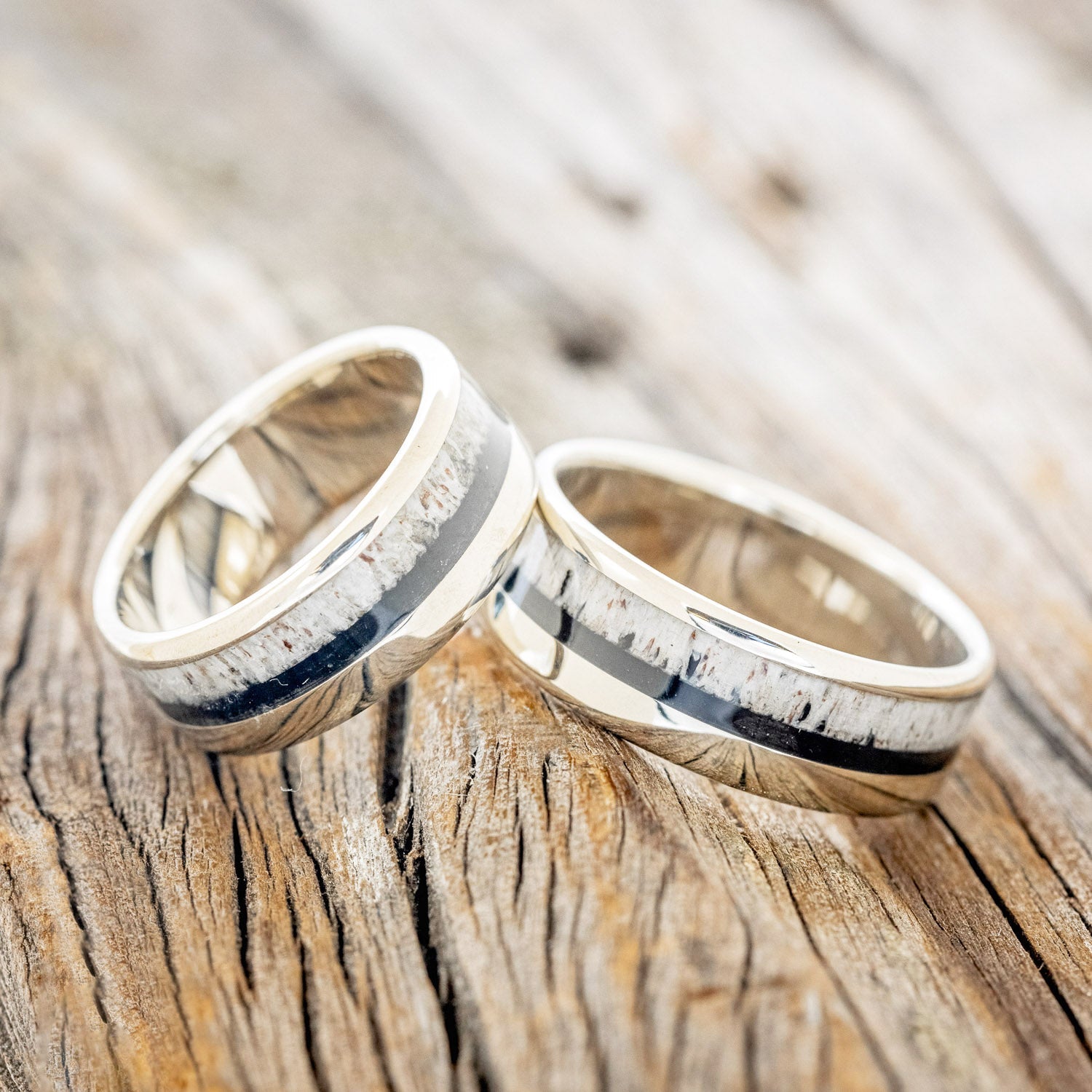 "TANNER" - MATCHING SET OF ANTLER & JET STONE WEDDING RINGS-1