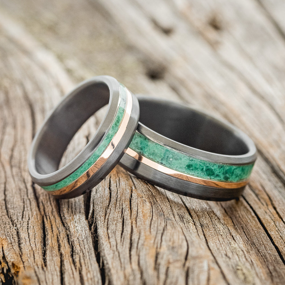 "TANNER" - MATCHING SET OF MALACHITE & 14K GOLD WEDDING RINGS FEATURING A BRUSHED BLACK ZIRCONIUM BAND-1